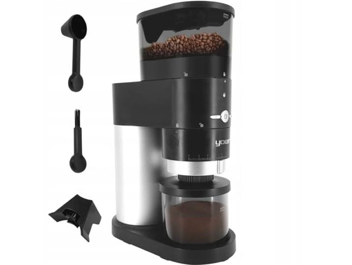 Yoer Elektrische Kaffeemühle 150W, Scheibenmahlwerk, automatisch 43 Mahlstufen, kegelförmig, aus Stahl, Mulino BCG01BK, schwarz
