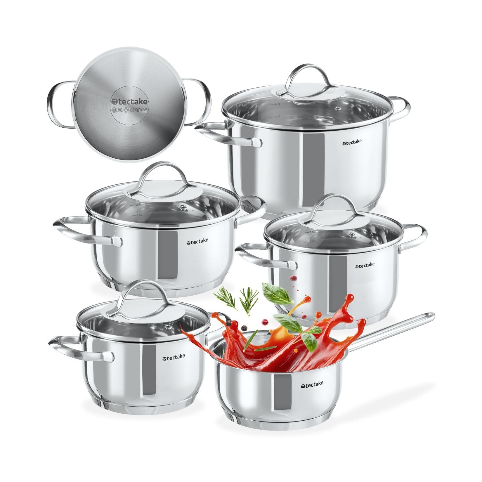 tectake® Kochtopfset, 9-teilig, aus Edelstahl, für Induktion geeignet, Glasdeckel mit Dampfabzug, integrierte Messskala in den Töpfen