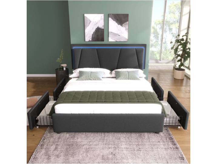 COVREO Lit double rembourré 160x200 cm avec LED 4 tiroirs tête de lit réglable gris
