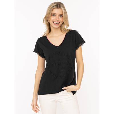 Kurzarmshirt ZWILLINGSHERZ "Positive Mind Neonkante", Damen, Gr. L/XL, schwarz, Jersey, Obermaterial: 100% Baumwolle, unifarben, bequem hüftbedeckend, V-Ausschnitt, leicht ausgefranste Kante, Shirts, ausgefranste Kanten, V-Ausschnitt mit Neonkante,...