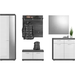 GARDEROBE Set 5-teilig weiß Hochglanz und Rauchsilber grau, Garderobenmöbel mit viel Stauraum