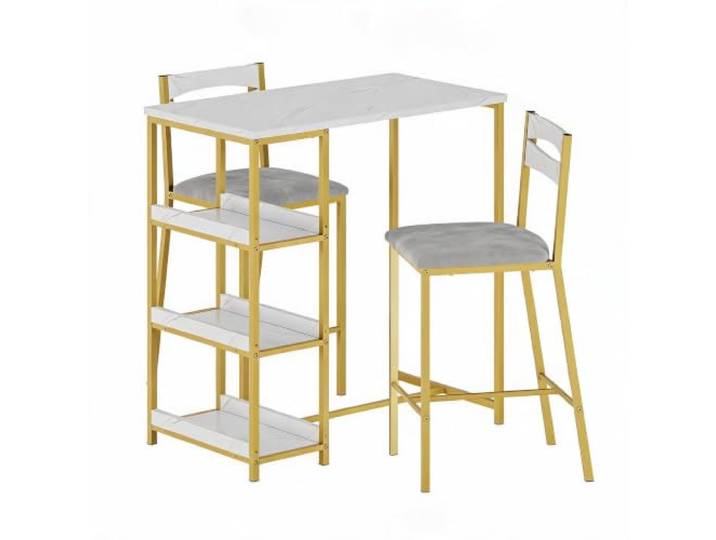 LuxFocus 3er Barhocker Set mit Tisch Marmor Weiß Platzsparende Essgruppe mit Ablagefach, PU-Sitzpolstern und stabilem Metallrahmen für Küche und Apartment