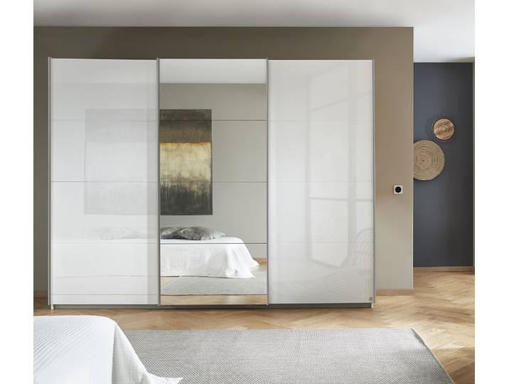 Schwebetürenschrank Kulmbach , 3-türig , mit Spiegel & Zubehör , weiß Hochglanz / alpinweiß , 360x229