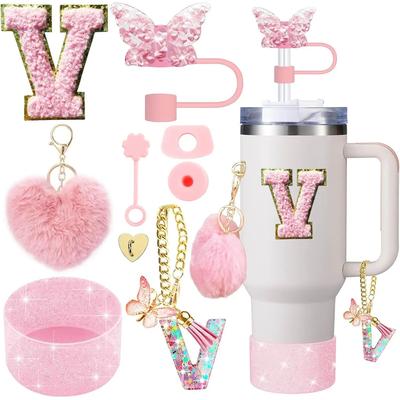 Inspire Select 9pcs Stanley Cup Accessories Set Silicone Boot, Butterfly Straw Cover, Spill Proof Stopper & Initial Charm Kit v Heart Pink 9pcs