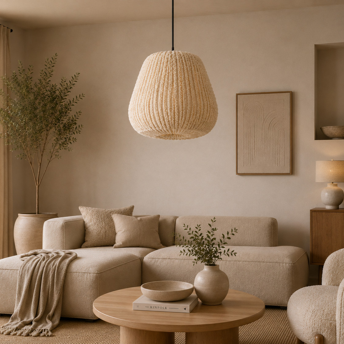 PTMD Hanglamp Tayma Beige Striped met Textiel en Metaal