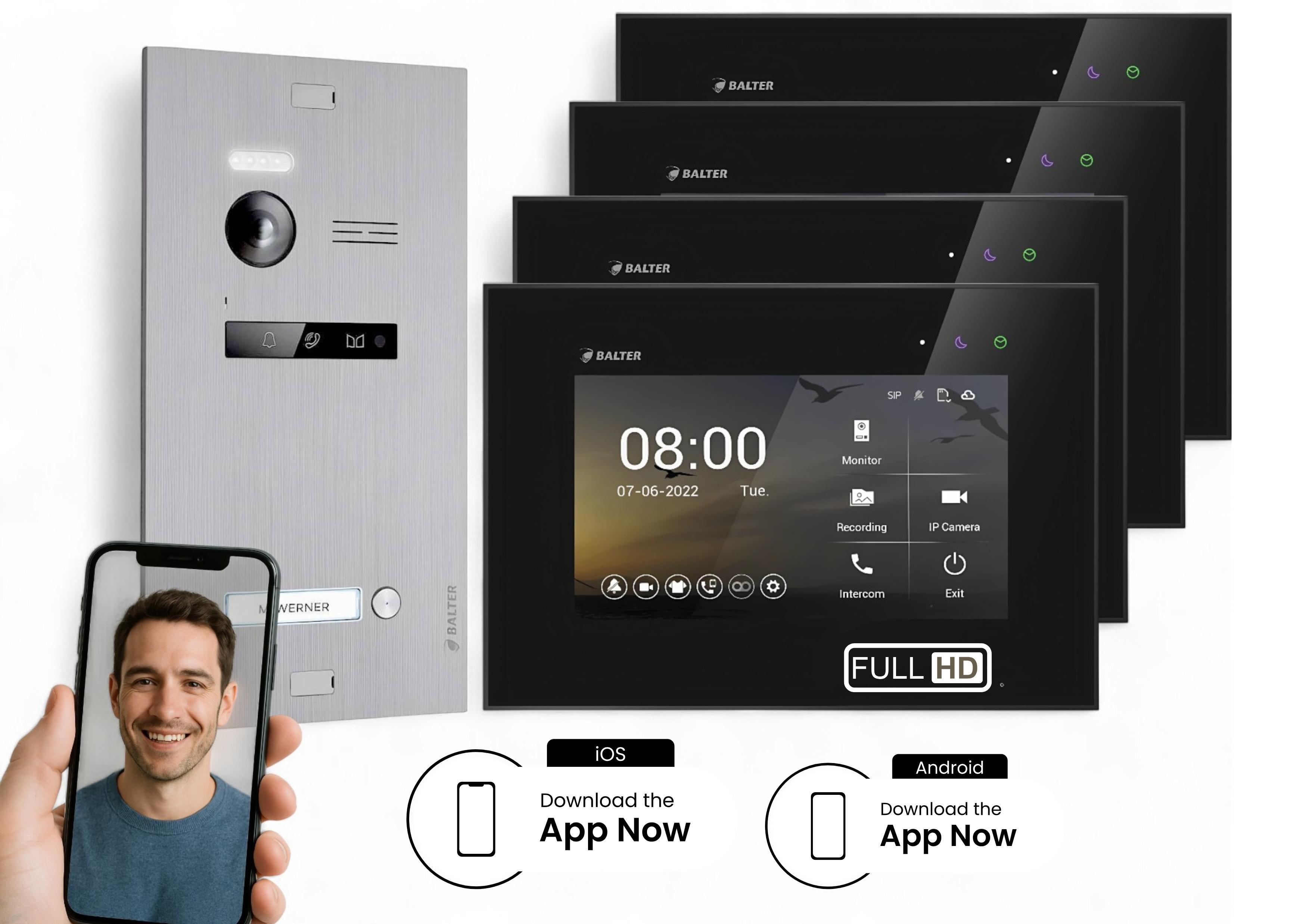 WLAN Video Türsprechanlage BALTER EVO HD für 1-Familienhaus, 4x Monitor, mit Smartphone App Silber Schwarz