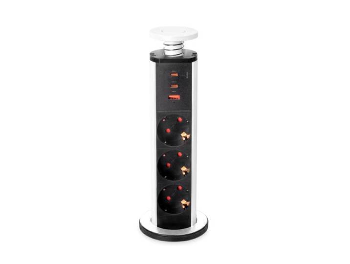 Emuca Multiconnecteur Élevable Vertikal\, 3 Prises De Type Schuko\, 1 Port Usb De Type A\, 2 Ports Usb De Type C\, Plastique Et Aluminium\, Peint En Blanc