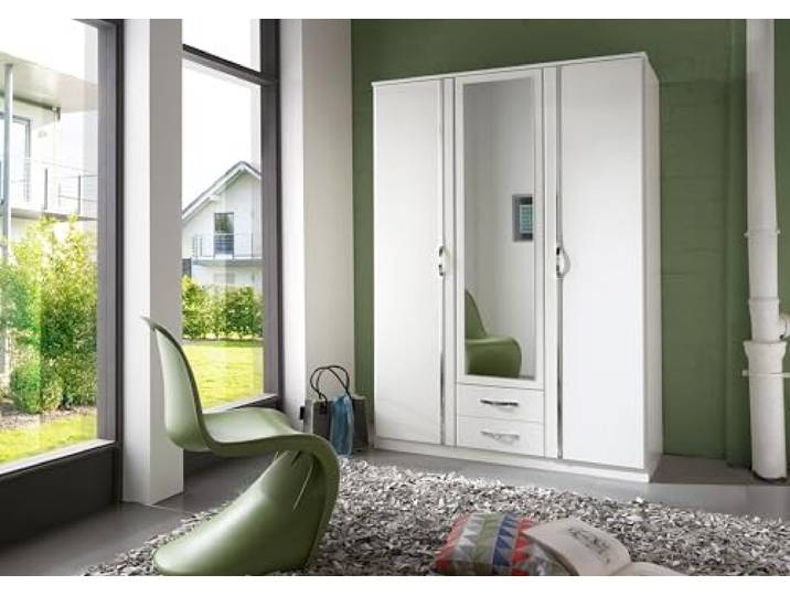 möbelando Drehtürenschrank >Duo< in Weiss,AUFLEISTUNGEN Chrom - 135x199x58cm (BxHxT)