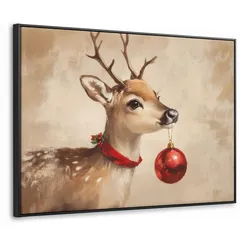 LEINWAND Bilder mit Rahmen - Weihnachten - Hirsch - Geweih - Weihnachtskugel - Rentier - 80x60