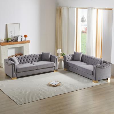 GDFStudio - 6-Seat Pine Wood Frame Velvet Chesterfield Combination Sofa with Tufted & Studded Details