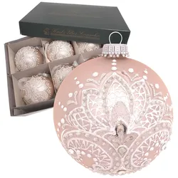 Krebs Glas Lauscha Kugeln mit weiße Stickoptik, Rosa Satin, 8cm