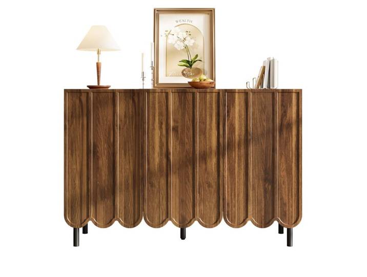 Bahut moderne bois clair 120x35x80 cm design griffless portes en forme de vague rangement optimal