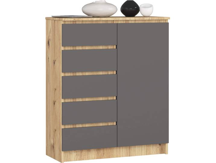 Akord Kommode 1 Tür 5 Schubladen Eiche Handwerkslook/Graphitgrau 80X35X97 Cm