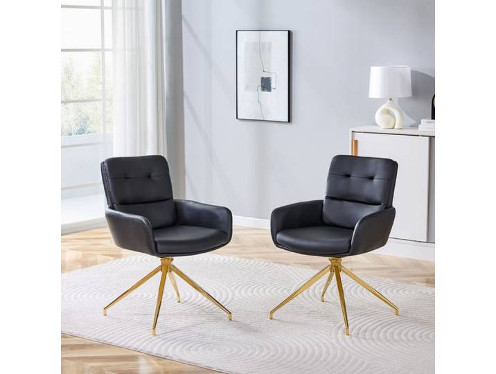 Chaise pivotante design luxe - Ensemble de 2 - Revêtement PU noir - Pieds métal doré - Pivotant à 360°