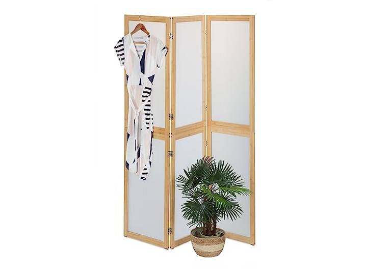 Relaxdays Paravent à 3 Volets\, Pliable\, Plastique et Bambou\, H x L : 180 x 136\,5 cm\, pour intérieur\, Nature et Blanc