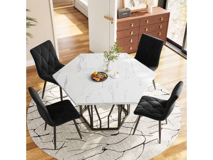 Ensemble table à manger hexagonale moderne en marbre + 4 chaises de salle à manger en velours noir pour créer un restaurant moderne