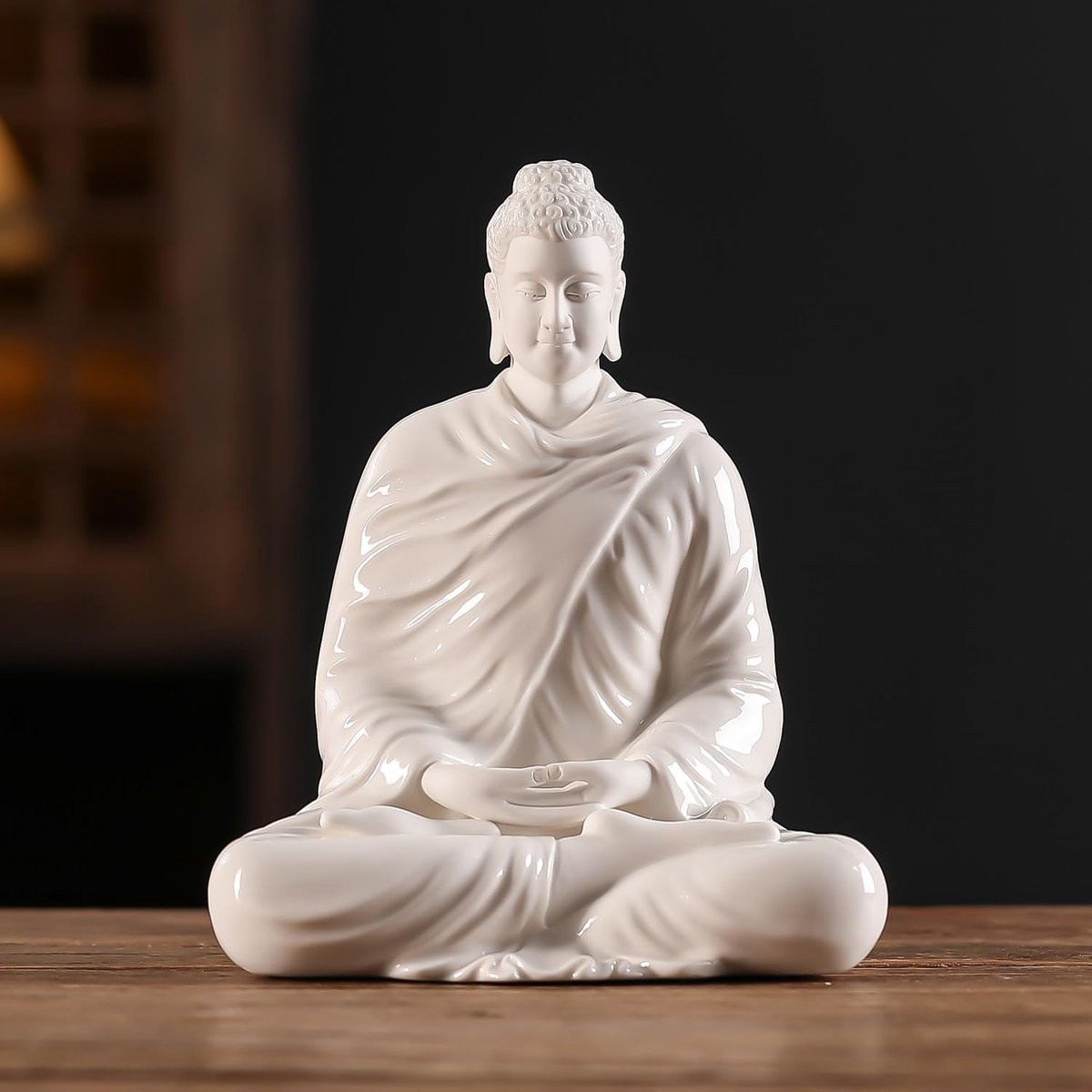 Wit Keramiek Boeddha Beeld - Handgemaakt Meditatie Figuur voor Binnen Decoratie - Hoogte: 15 cm
