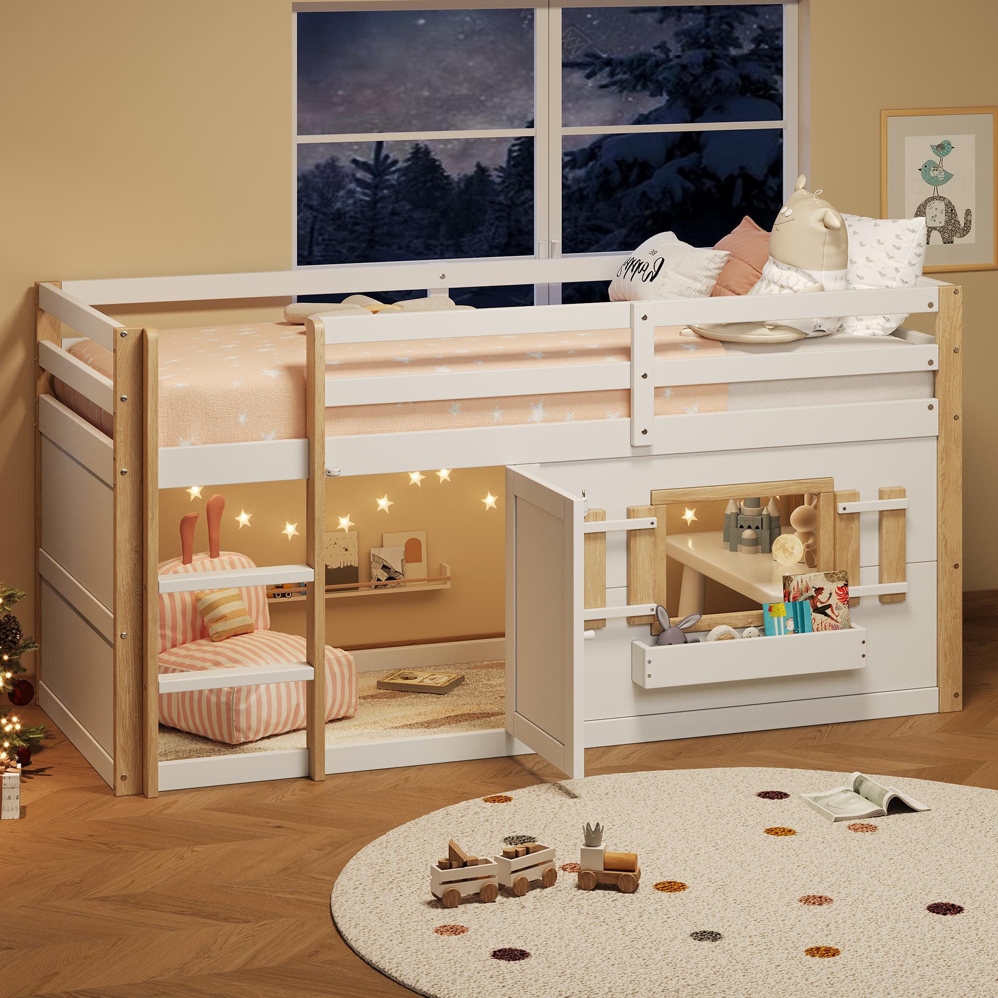 STILVORA Hochbett 90×200 mit Sicherheitsgeländer&Leiter,Jugendbett Kinderbett mit Lattenrost,Bettgestell mit Matratze,Weiß+Natur