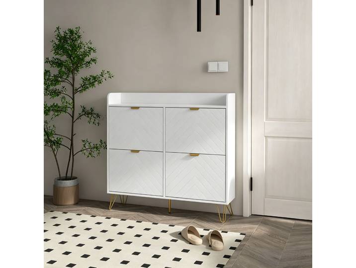 HOMCOM Meuble à Chaussures 4 Abattants Blanc Rangement 106x24x102cm