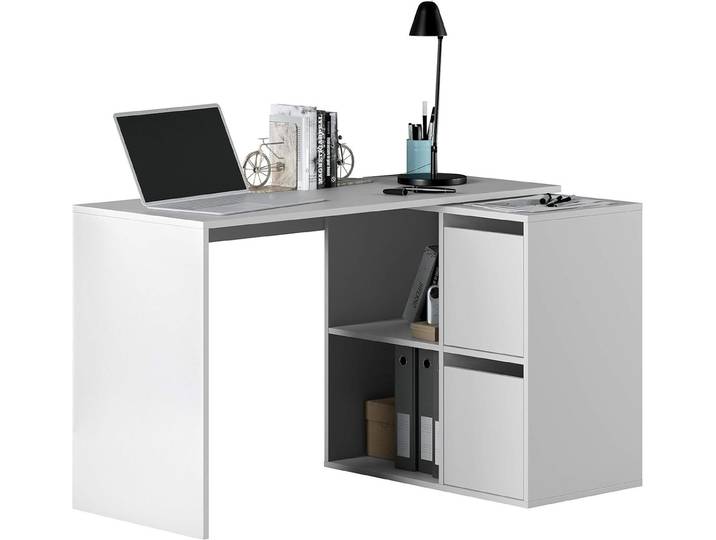 CALICOSY - Bureau d'angle réversible 4 niches et 2 portes blanc L120 cm - VALEN