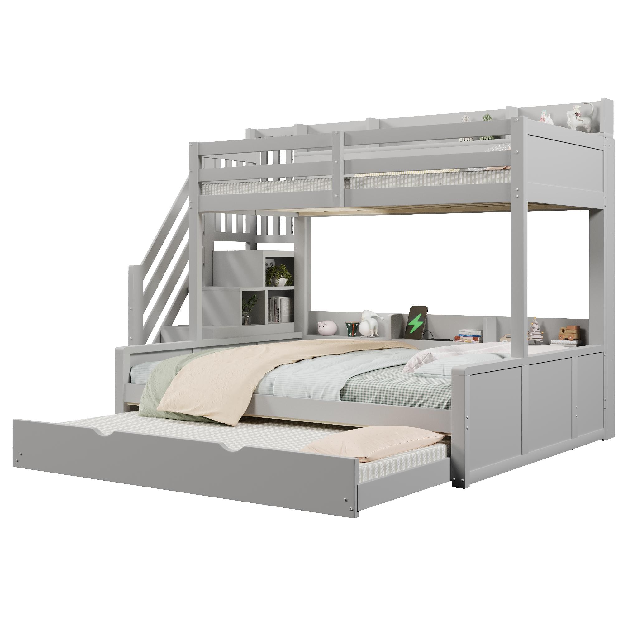 Etagenbett 90x200 cm über 140x200 cm, Grau, mit Ausziehbett, USB, ohne Matratze