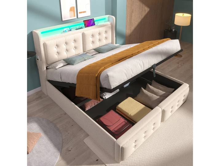 MODFU Boxspringbett Hydraulisches 160x200 cm mit LED-Beleuchtung, Polsterbett Funktionelles mit USB-Ladeanschluss, Stauraumbett mit Bettkasten Stauraum, Beige(Ohne Matratze)