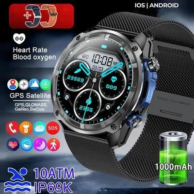 Inspired Finds Ultra Rugged GPS Smartwatch With Offline Maps 10ATM Waterproof 1000mAh Battery black Mesh Belt