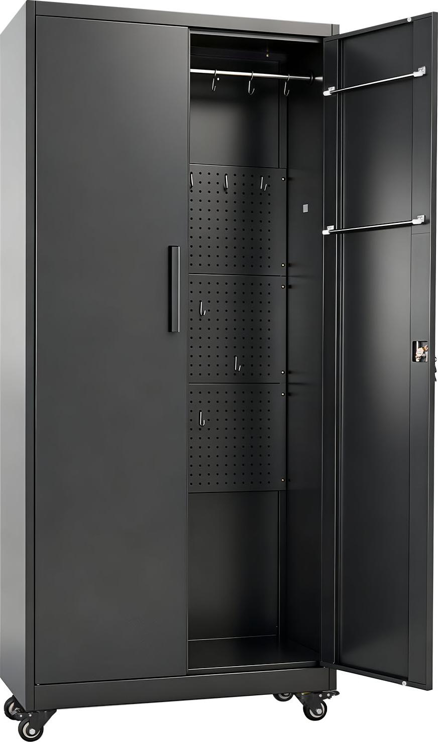 SucceBuy Metallschrank mit 5 Ebenen, mobiler Aufbewahrungsschrank mit verstellbaren Regalböden, magnetischen Doppeltüren, Kleiderstange und Haken - ideal für Speisekammer, Lagerraum oder Keller