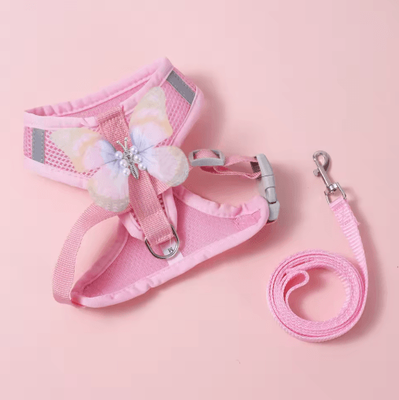 Inspire Picks Butterfly Breathable Cat & Small Dog Harness Set With Leash pink l