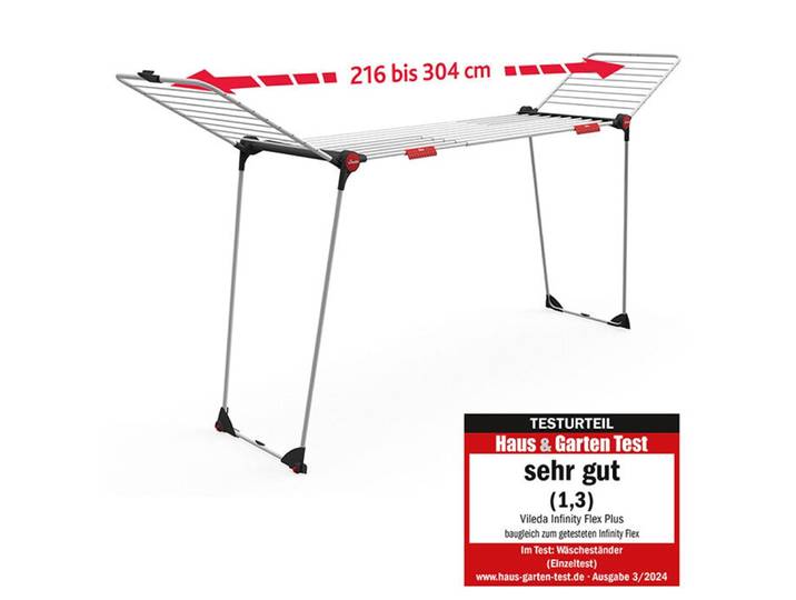 Wäscheständer VILEDA Vileda INFINITY Flex , grau (weiß, vileda infinity flex), B:304cm H:124cm T:57cm, Stahl, Wäscheständer, Wäscheständer, Ausziehbar auf 304 cm - für große Wäschestücke, Topseller