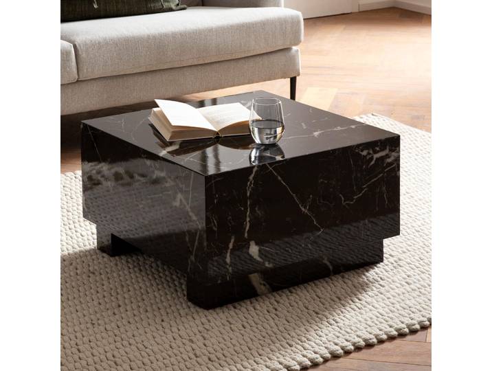 Table basse FineBuy MONOBLOC 60 x 60 x 35 cm\, aspect marbre noir brillant\, table de salon carrée\, table de canapé\, table basse de salon\, forme cubique