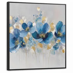 LEINWAND Bilder mit Rahmen - Blumen - Blau - Abstrakt - 90x90
