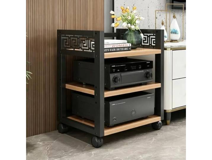 Mehrstufiger AV-Medienschrank, fahrbares Stereo-Regal für Audioanlagen 4-stufig verstellbare Böden, stabiler Holz-Metall-Aufbau, leichtlaufende Rollen(Light Walnut,19.7x15.7x26.8in)