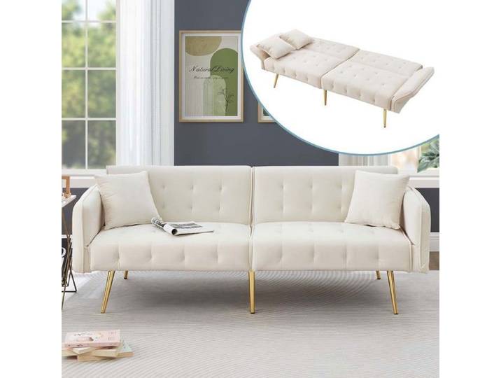 Canapé convertible - Canapé convertible deux places - Dossiers réglables - Tissu velours blanc - Couchage 80x200 cm