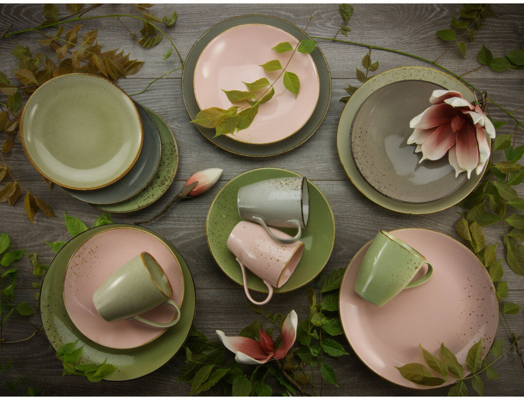 Creatable Nature Collection 16 Piece Dinnerware Set, Service for 4 Cream;Pink;Grey;Green 16
