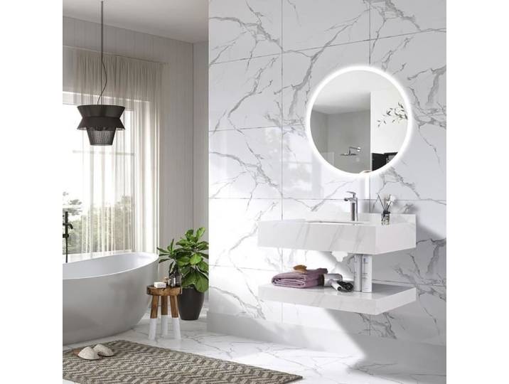 LuxuryBain - Meuble de salle de bain simple vasque 100cm effet marbre blanc avec miroir led