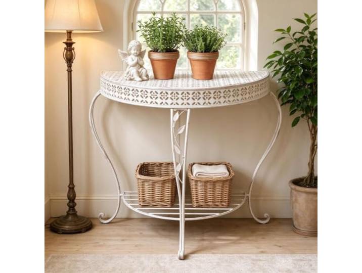 MMleYN Viktorianischer Konsole Tisch Eisen Flur Rostfrei Garten Veranda Tisch Verschnörkelt 2 Etagen Halbrund Flurmöbel Für Kleine Räume(White)
