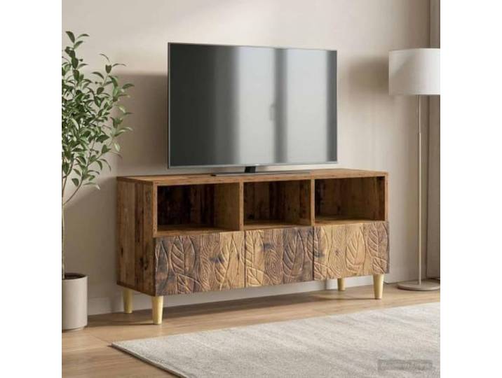 GKMBCVDFR TV-Schrank 102 x 34,5 x 50 cm Altholz Holzwerkstoff Massive Eukalyptusbeine, offenes Design, vielseitig nutzbar, pflegeleichte Oberfläche, kompakte Abmessungen