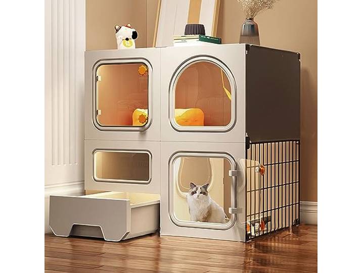 TXGJWRA Große Katzenhütten für Indoor-Katzen mit Katzentoilette, DIY Kleintier-Laufstall mit Tür, Kaninchen, Meerschweinchen, Welpen, Kätzchen, Laufstall, Innen- und Außenbereich, Hofzaun, 2 Schichten