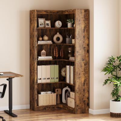 "Garvee 71.8"" Farmhouse Corner Bookcase, 5-Tier L-Shaped Wooden Bookshelf with Storage"