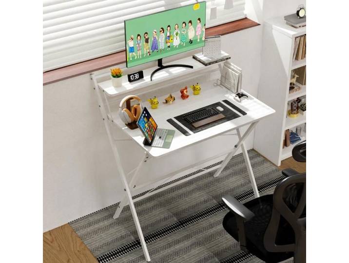 Bureau d'ordinateur pliant à deux niveaux simple peu encombrant blanc 80X50X107cm-XJING-Mobilier informatique