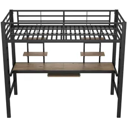 OKWISH Hochbett aus Metall in Schwarz, 90x200 cm, mit Schreibtisch, 2 Bücherregalen und Leiter