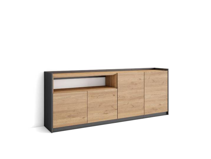 Skraut Home - Buffet Salon Et Cuisine\, Commode\, 207x37x80cm\, 4 Portes\, Meuble Chaussure\, Chêne Et Noir