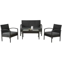 Juskys Polyrattan Balkonmöbel Trinidad schwarz, 4 Personen - Tisch, Bank, 2 Stühle, graue Auflagen