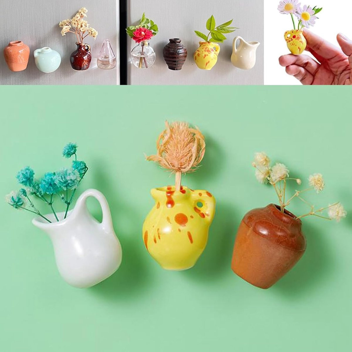 Set van 3 schattige 3D keramische bloemenvazen met koelkastmagneet voor muurmontage