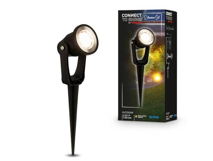 BRILONER - Connect to Shine 12V Gartensystem LED Strahler mit Erdspieß, Erweiterung, IP65, warmweißes Licht, Gartenleuchte, Gartenbeleuchtung, LED Gartenstrahler, Außenleuchte, 5,5x6x22,5 cm, Schwarz