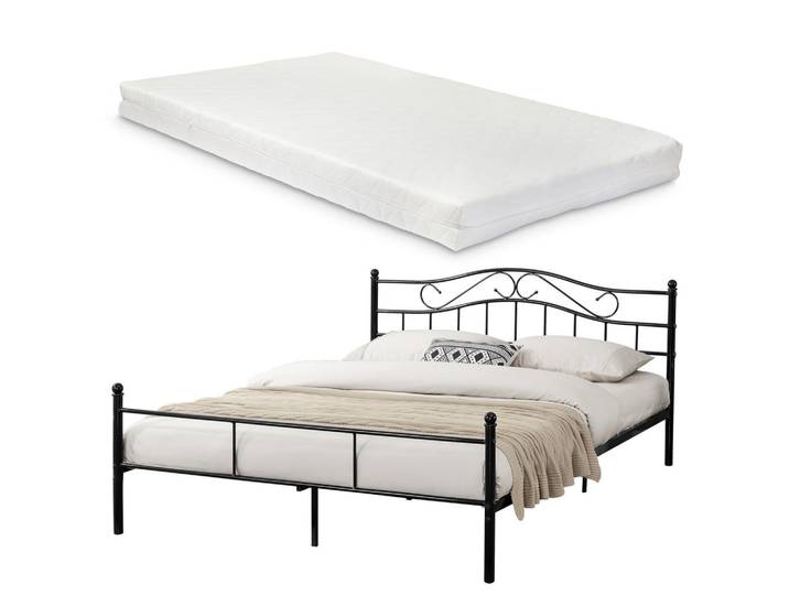 [en.casa] Metallbett Florenz mit Matratze, Schwarz, Textil, 180x200 cm, Schlafzimmer, Bett, Metallbetten