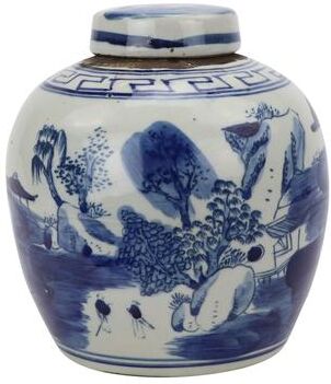 Legend of ASIA 6 in H Blue And White Mini Jar Mountain Tree Porcelain