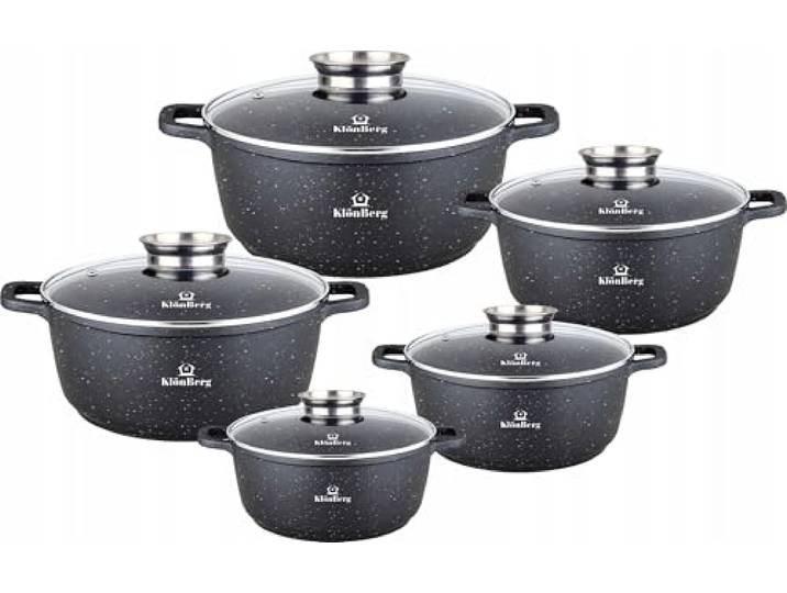 Klönberg Induktions-Topfset, Aluguss-Topf mit Antihaftbeschichtung, Topfset mit Glasdeckel für alle Herdarten, auch Induktionsherde (Schwarz, 10 tlg)