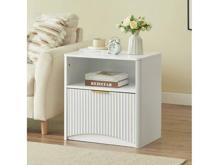 Table de chevet blanche 58x38x60 cm – rangement ouvert tiroir poignée dorée